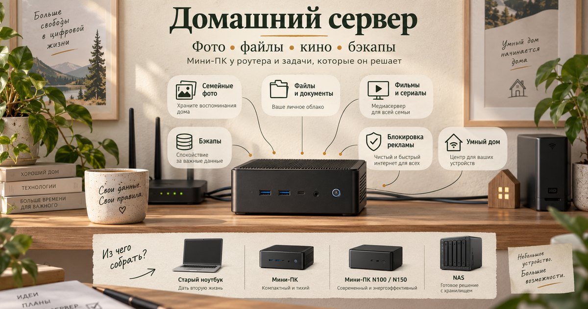 Домашний сервер: мини-ПК у роутера, его задачи (фото, файлы, кино, бэкапы, блокировка рекламы, умный дом) и варианты сборки: старый ноутбук, мини-ПК, NAS