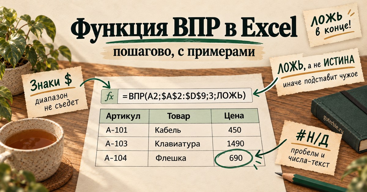 Таблица Excel с формулой ВПР, которая подставляет цену из прайса в заказ
