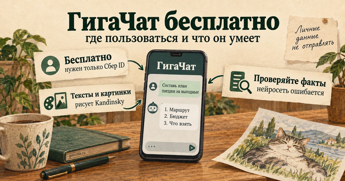 ГигаЧат бесплатно: окно чата нейросети Сбера на ноутбуке и телефоне, вокруг карточки с лимитами, генерацией картинок Kandinsky и ботами в мессенджерах