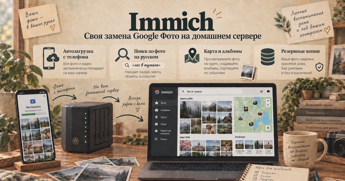 Immich как замена Google Фото на домашнем сервере: автозагрузка с телефона, поиск по фото на русском, карта и альбомы, резервные копии дома