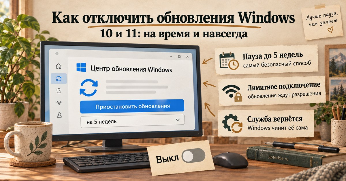 Центр обновления Windows: шкала способов от паузы и периода активности до отключения службы wuauserv, с отметкой, где заканчивается безопасная настройка
