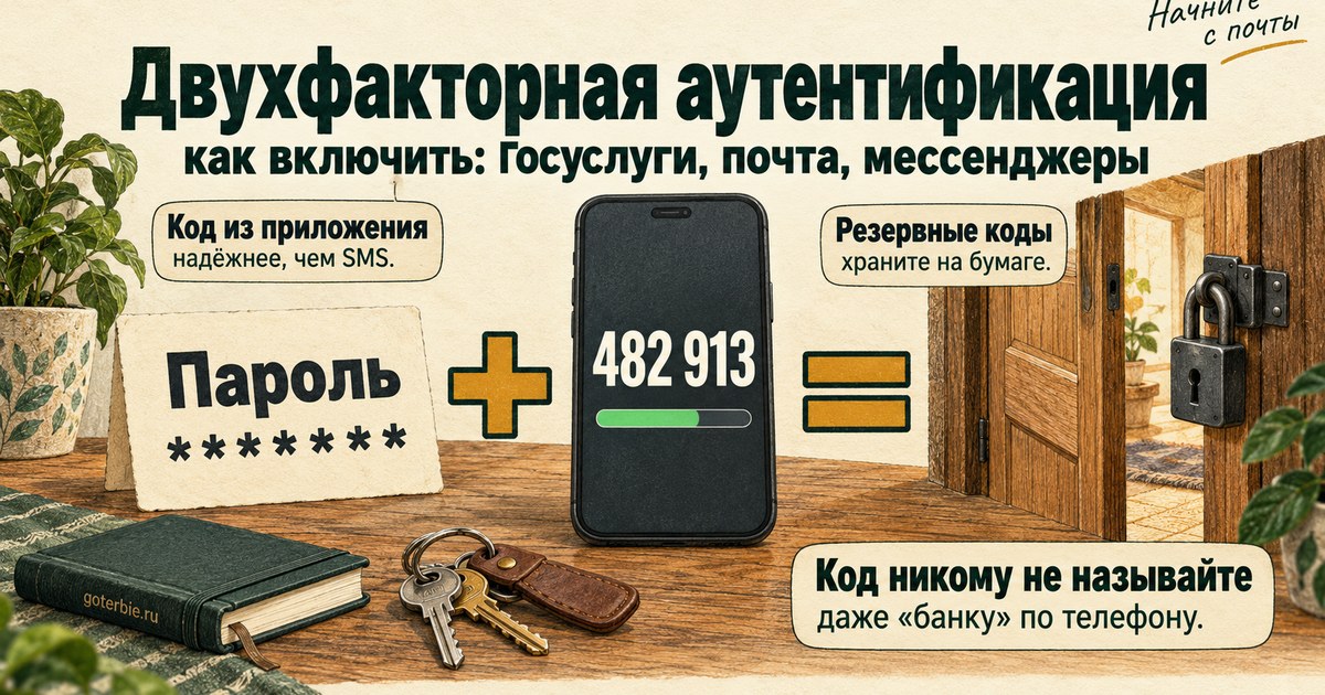 Двухфакторная аутентификация: пароль плюс шестизначный код на смартфоне открывают дверь с замком, врезки про код из приложения, резервные коды и запрет называть код