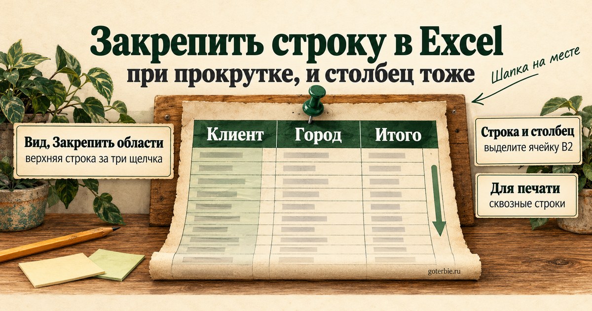 Закрепить строку в Excel: бумажная таблица, шапка «Клиент, Город, Итого» прибита кнопкой, остальные строки уходят вниз при прокрутке