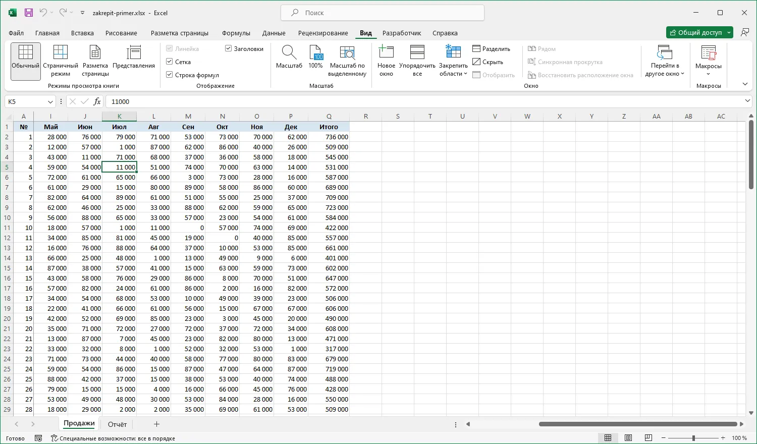 Excel 2021: закреплён первый столбец, лист прокручен вправо до столбца I