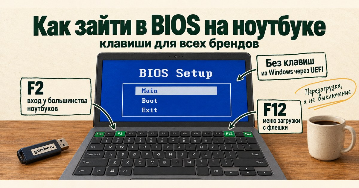 Как зайти в BIOS на ноутбуке: открытый ноутбук с экраном настроек UEFI и выделенными клавишами F2, F12, Esc и Delete