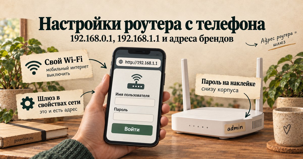 Смартфон с открытой страницей входа в настройки роутера по адресу 192.168.1.1 рядом с роутером