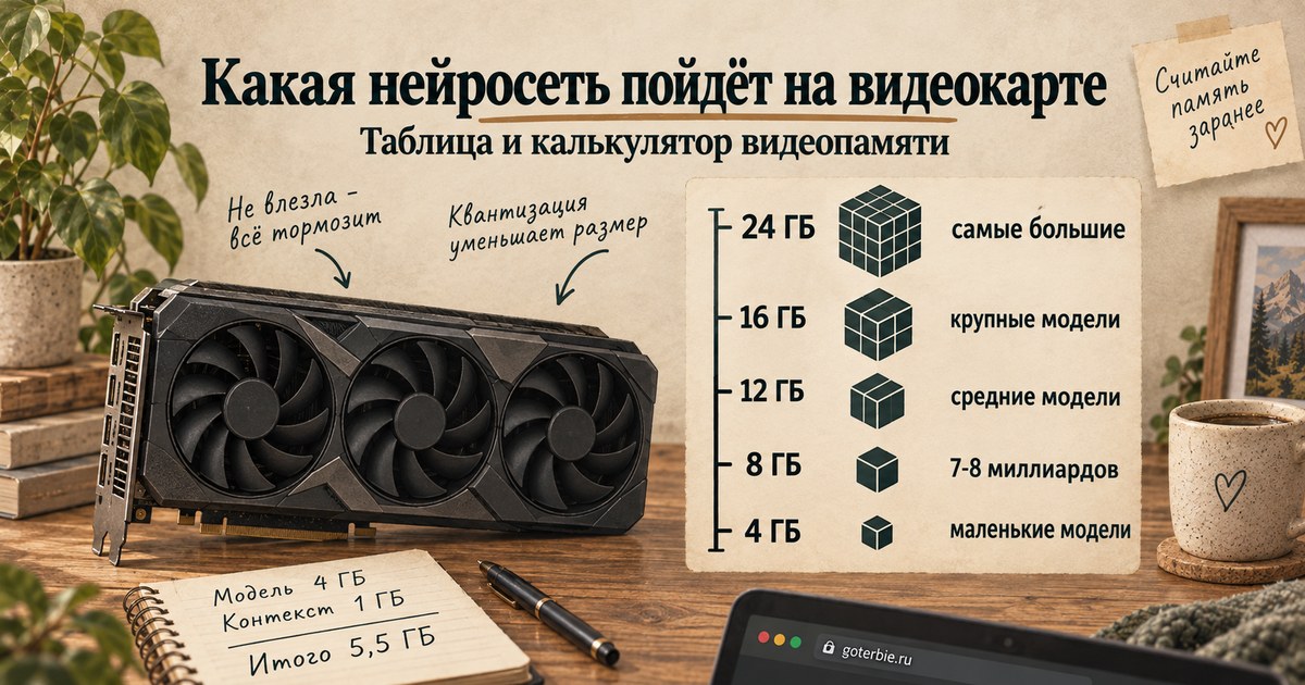 Какая нейросеть пойдёт на видеокарте: модели для 4, 8, 12 и 24 ГБ видеопамяти, видеокарта на столе и простой расчёт памяти для модели в Q4