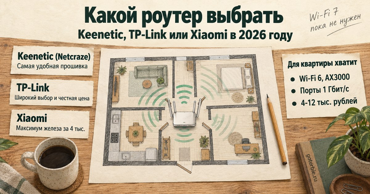 Какой роутер выбрать для квартиры в 2026 году: план квартиры с роутером в прихожей и зоной Wi-Fi, сравнение Keenetic (Netcraze), TP-Link и Xiaomi и что нужно для квартиры - Wi-Fi 6 AX3000, порты 1 Гбит/с, 4-12 тыс. рублей