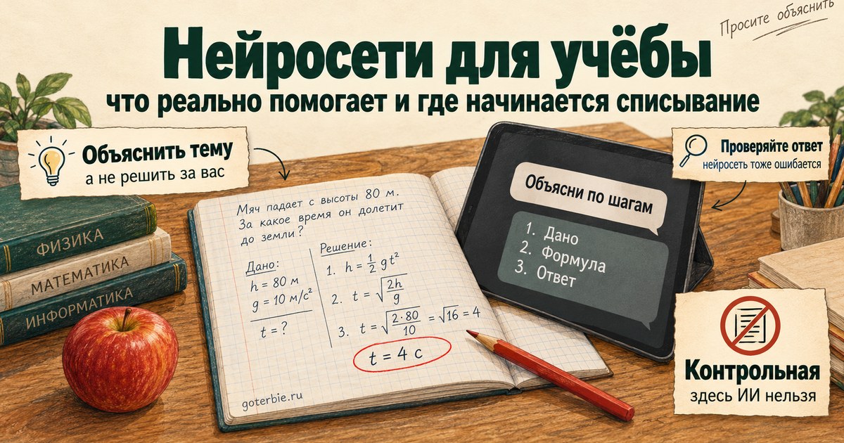 Нейросети для учёбы: тетрадь с решением задачи про падение мяча, планшет с чатом «Объясни по шагам», врезки про объяснение темы, проверку ответа и запрет ИИ на контрольной