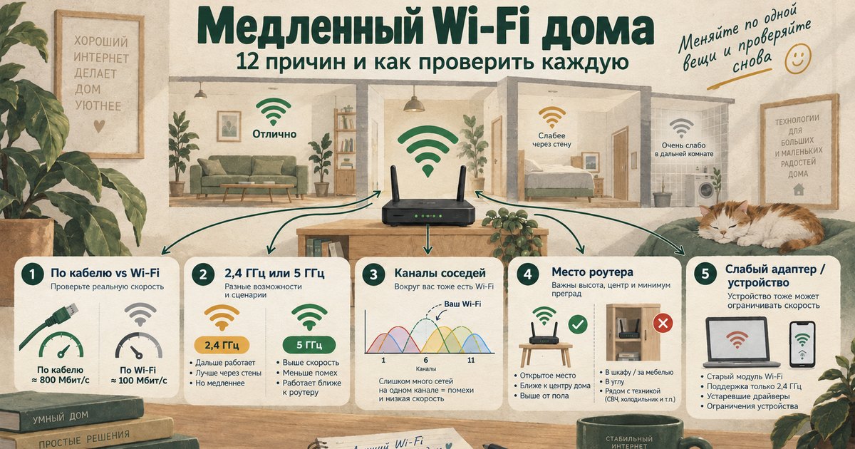 Медленный Wi-Fi дома: сигнал роутера в разных комнатах и пять проверок - кабель против Wi-Fi, 2,4 или 5 ГГц, каналы соседей, место роутера, слабый адаптер