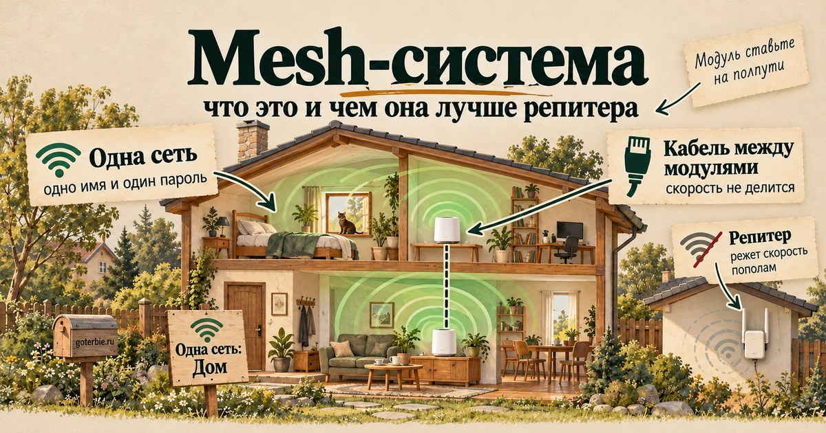 Mesh-система Wi-Fi в квартире: главный роутер и второй модуль на середине пути раздают одну сеть, сравнение с репитером и кабелем между модулями