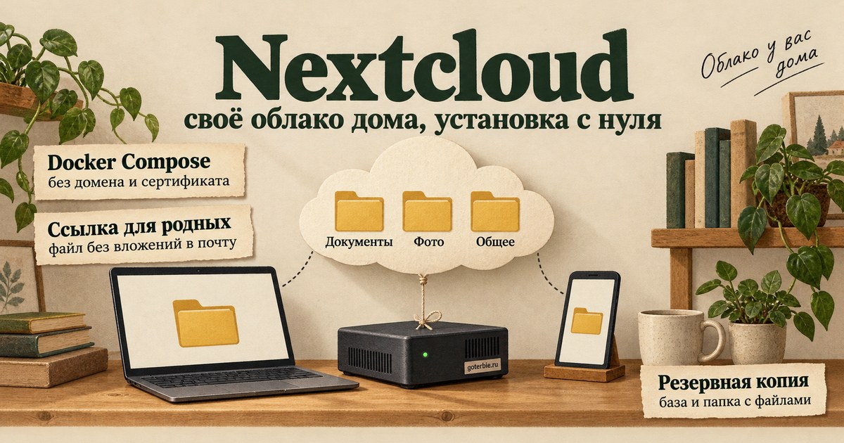 Nextcloud: над домашним мини-ПК на нитке висит бумажное облако с папками «Документы», «Фото», «Общее», рядом ноутбук и телефон с той же папкой
