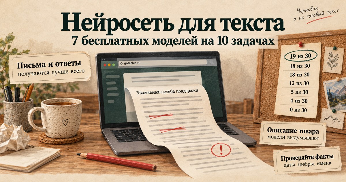 Нейросеть для написания текста: из ноутбука выходит бумажное письмо с правками красным карандашом, на доске таблица оценок семи моделей от 19 до 0 из 30