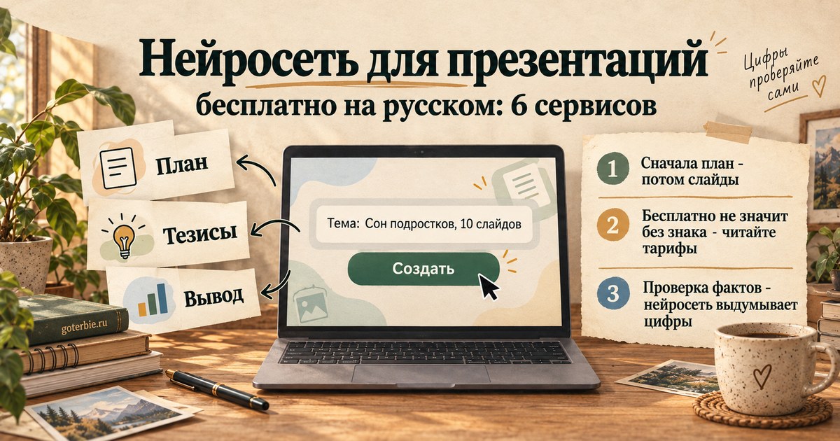 Нейросеть для презентаций: ноутбук со слайдами, сгенерированными ИИ, вокруг карточки сервисов Gamma, Slidy, Сократик, ГигаЧат, Алиса AI и Kimi с пометками про водяной знак и экспорт в PPTX