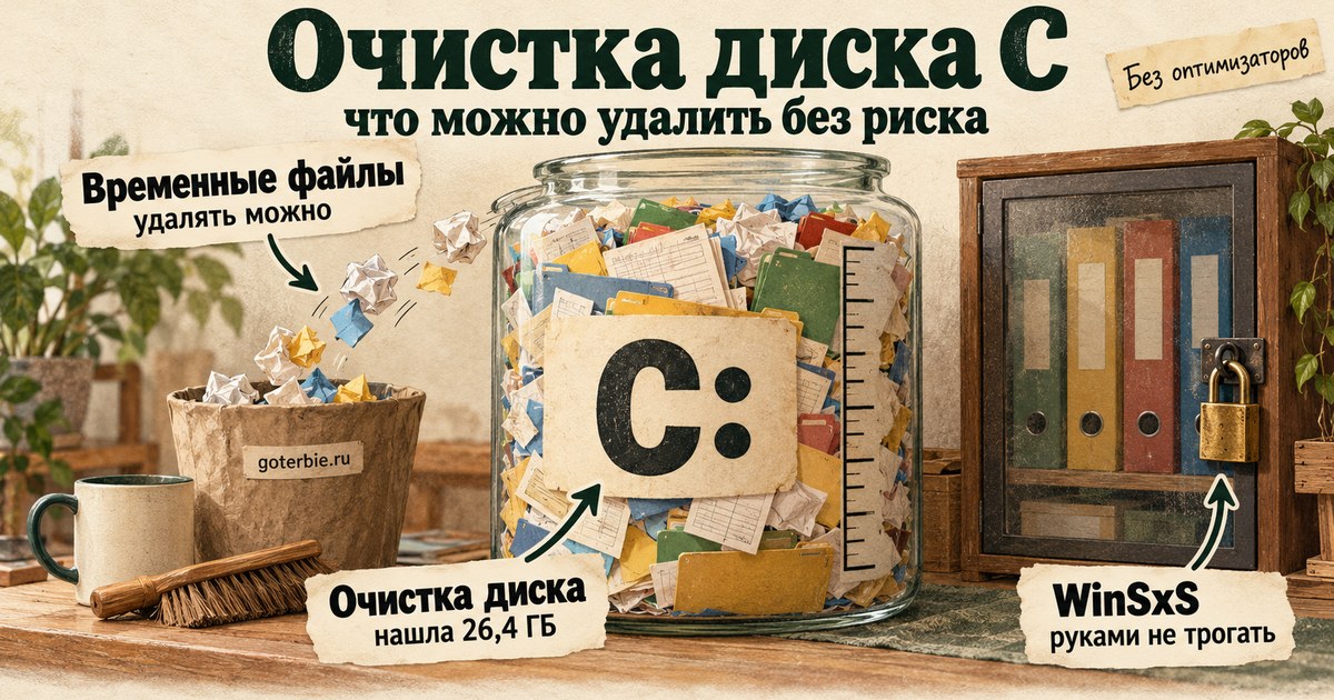 Очистка диска C: стеклянная банка с надписью «C:», полная бумаг и папок, мусор летит в корзину, системные папки заперты в шкафу; врезки про временные файлы, 26,4 ГБ в «Очистке диска» и WinSxS
