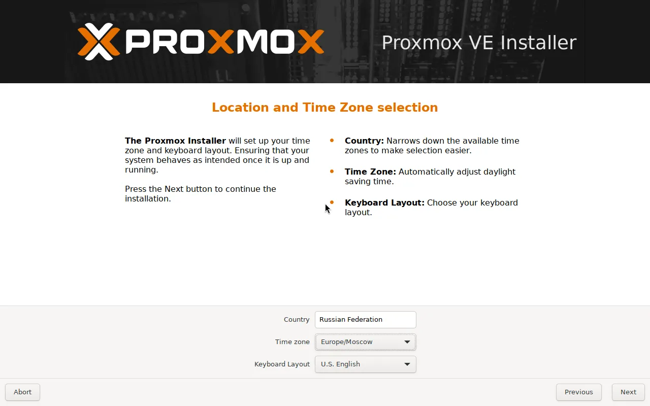Выбор страны и часового пояса в установщике Proxmox VE