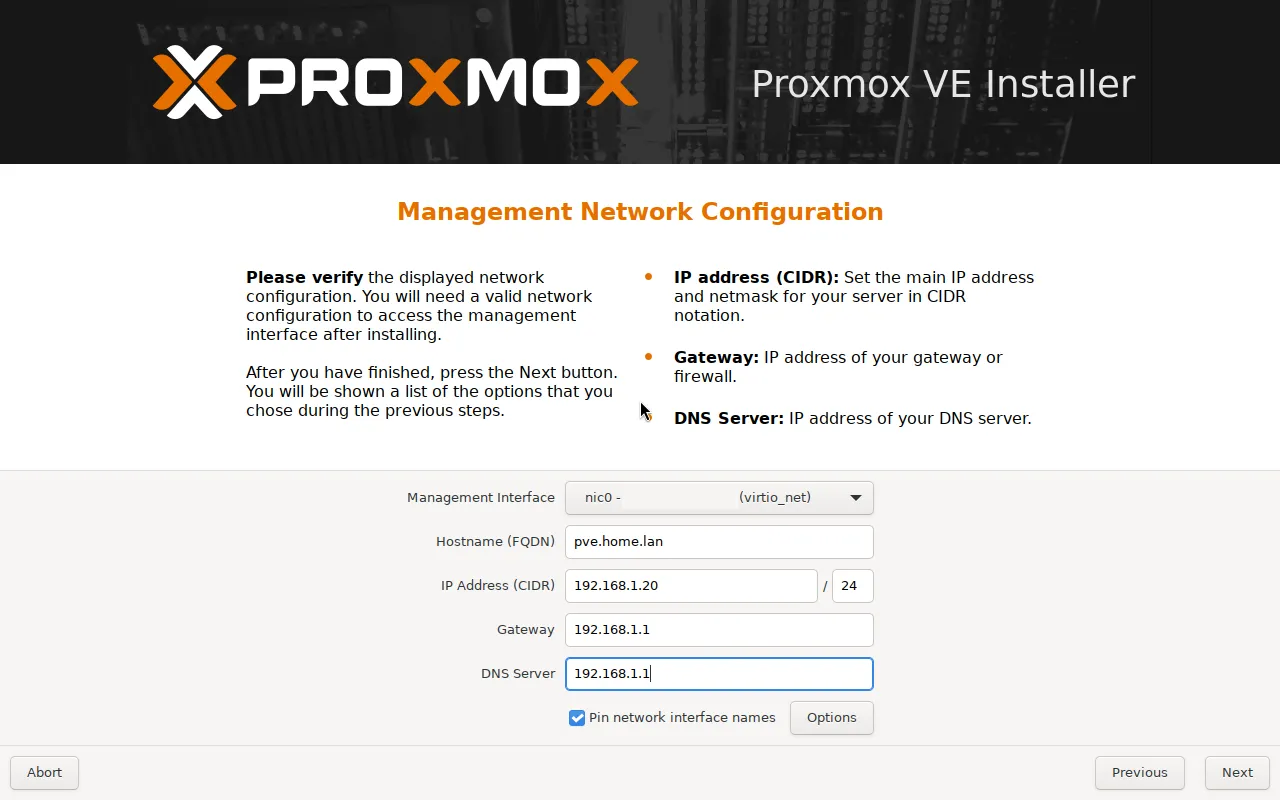 Настройка сети в установщике Proxmox VE