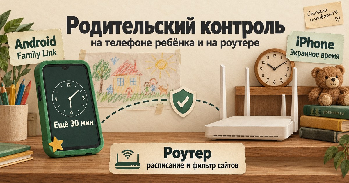 Родительский контроль: детский смартфон с надписью «Ещё 30 мин» и домашний роутер, врезки про Family Link на Android, Экранное время на iPhone и расписание на роутере