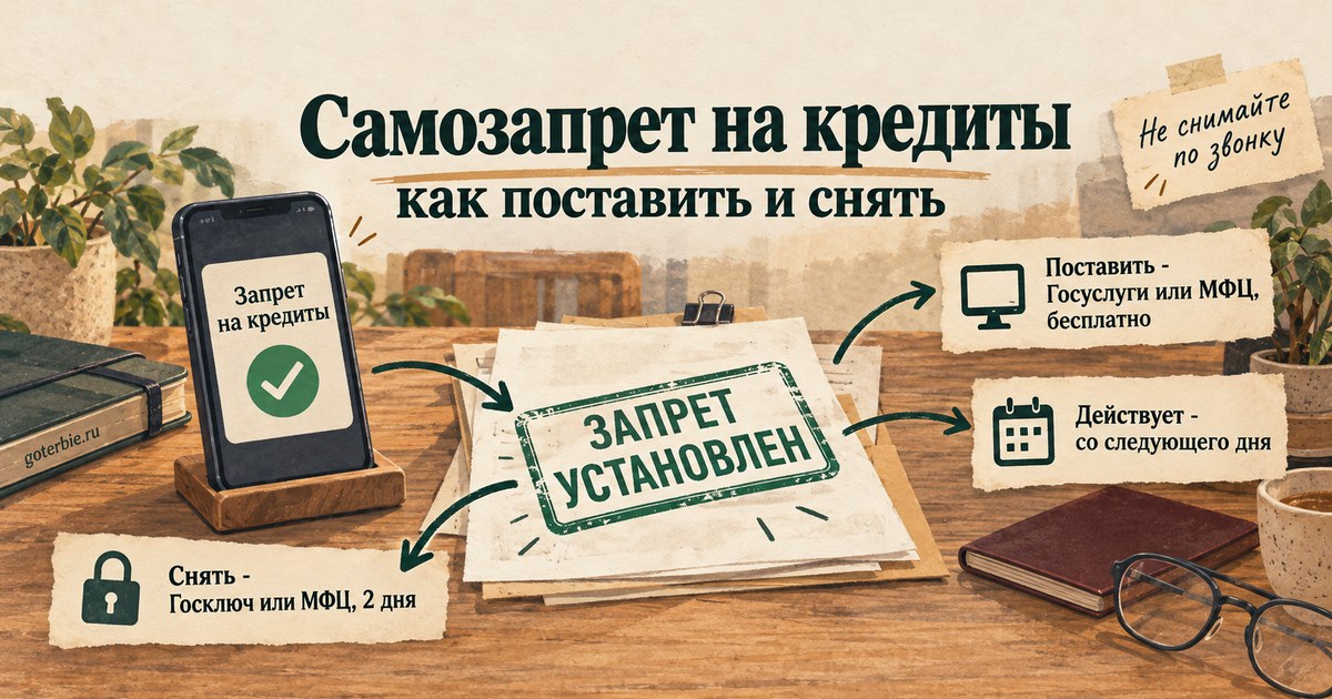 Самозапрет на кредиты: смартфон с заявлением на Госуслугах, замок на кредитной истории, отметки сроков: следующий день на установку, второй день на снятие