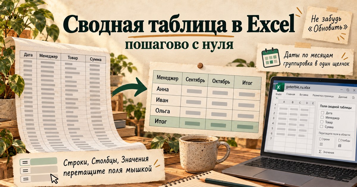 Журнал продаж в Excel и построенная по нему сводная таблица с итогами по категориям и городам