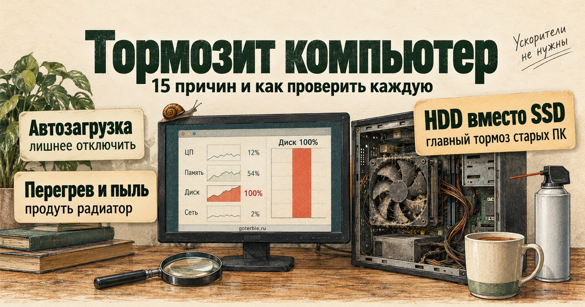 Тормозит компьютер: монитор с графиком «Диск 100%», открытый системный блок с пыльным вентилятором, врезки про автозагрузку, перегрев и HDD вместо SSD