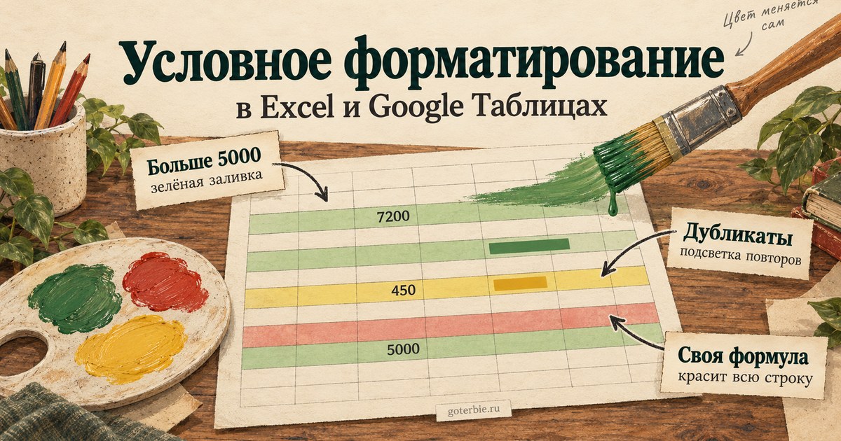 Условное форматирование в Excel: кисть раскрашивает строки таблицы зелёным, жёлтым и красным, врезки про правило «больше 5000», дубликаты и свою формулу