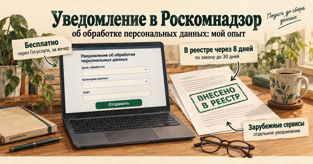 Уведомление в Роскомнадзор об обработке персональных данных: форма на портале pd.rkn.gov.ru, вход через Госуслуги, статус «Завершено» и врезки: сроки 30 дней, трансграничная передача, штраф