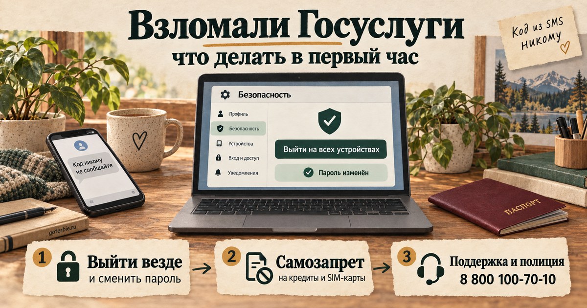 Взломали Госуслуги: телефон с уведомлением о входе с нового устройства и шаги первого часа: выйти со всех устройств, сменить пароль, проверить кредитную историю, поставить самозапрет