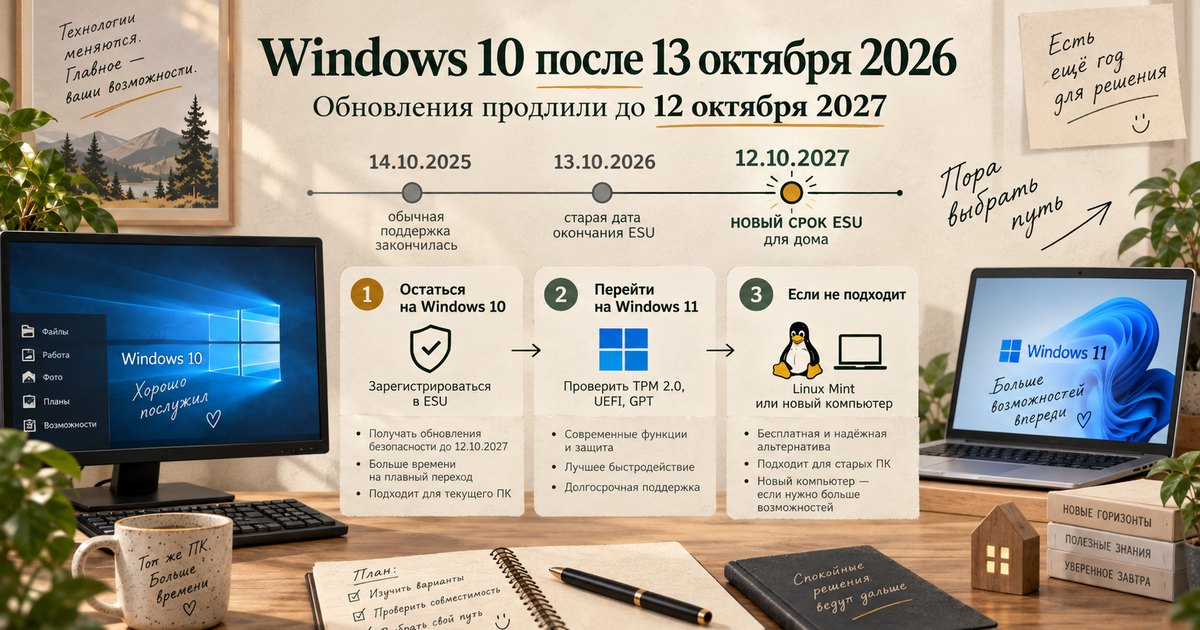Шкала дат поддержки Windows 10: 14 октября 2025, 13 октября 2026 и новый срок 12 октября 2027