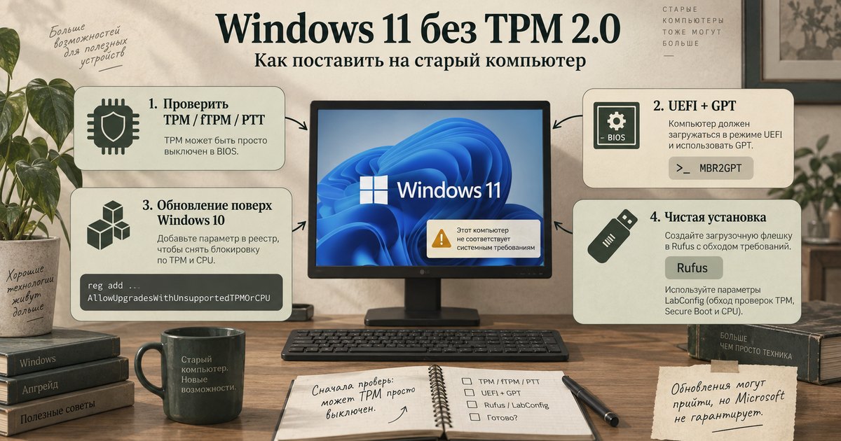 Windows 11 без TPM 2.0 на старом компьютере: проверить TPM, fTPM или PTT, перейти на UEFI и GPT, обновиться поверх Windows 10 через реестр или поставить начисто с флешки Rufus