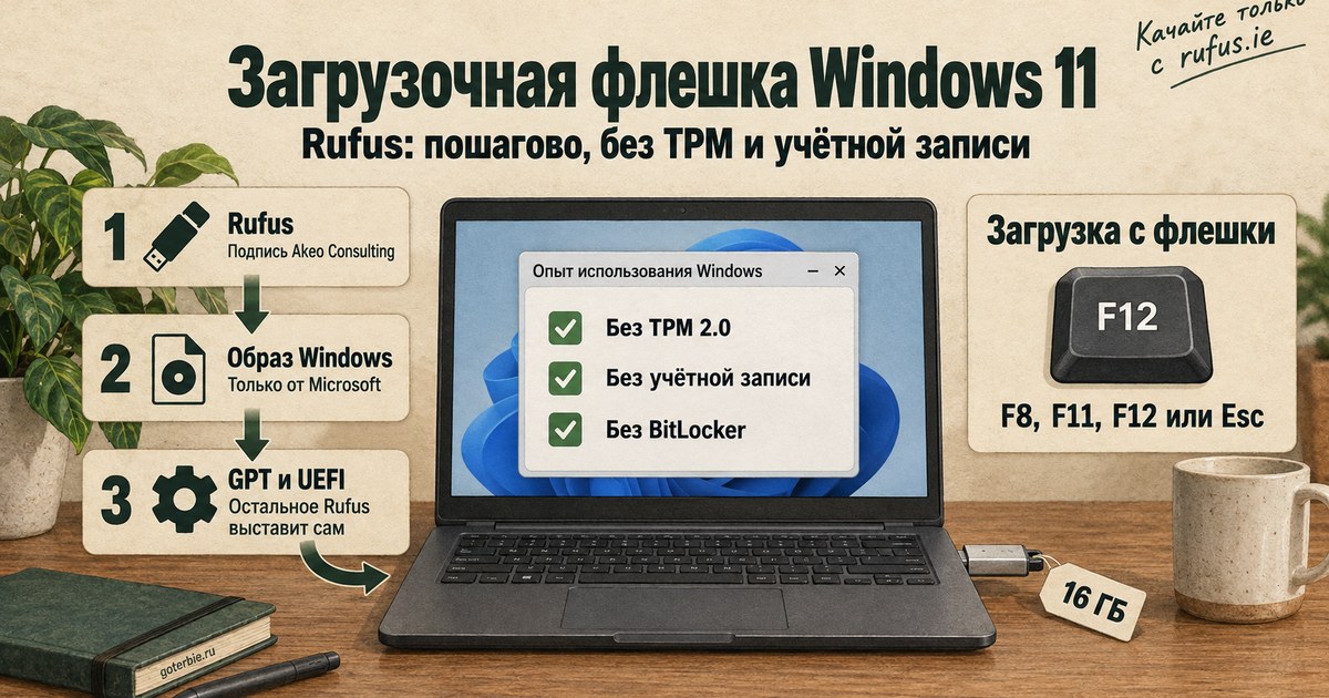 Загрузочная флешка Windows 11 в Rufus: ноутбук с окном настроек установки без TPM 2.0, без учётной записи и без BitLocker, шаги - Rufus, образ Windows, GPT и UEFI - и клавиши меню загрузки